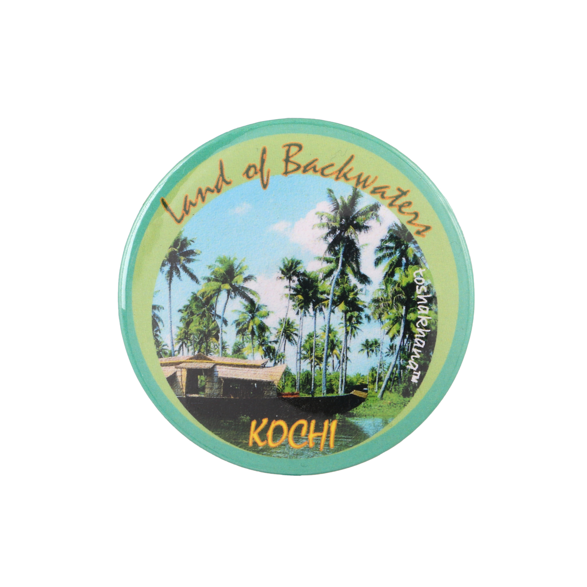 Button Pin Badge Cum Fridge Magnet Land of Backwaters Kochi