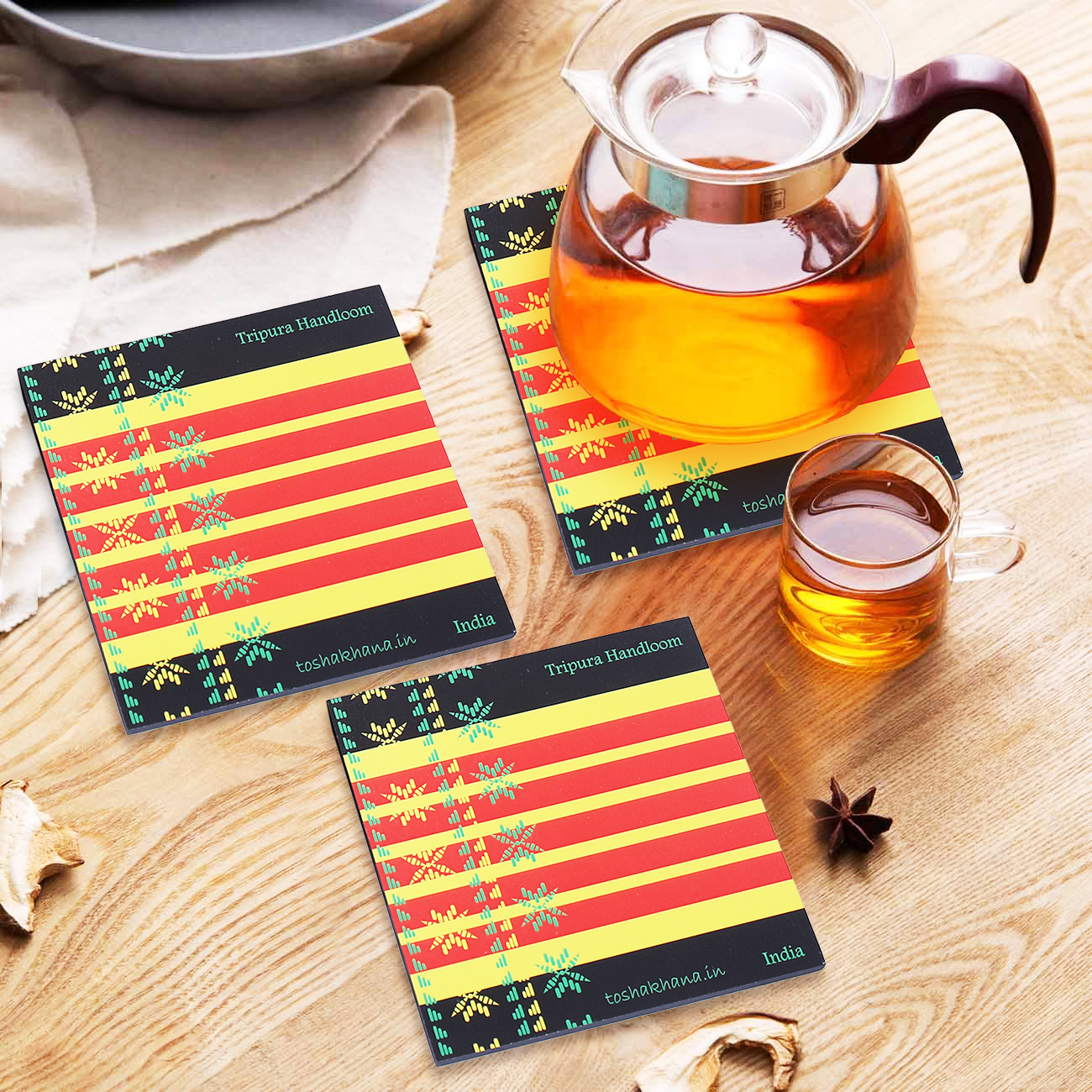 Tripura Handloom MDF Coaster Set with Holder