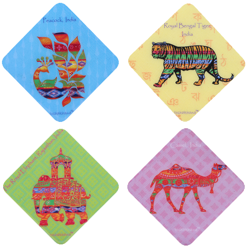 Indian Animals Series Set Of 4 MDF Fridge Magnet Cum Coaster